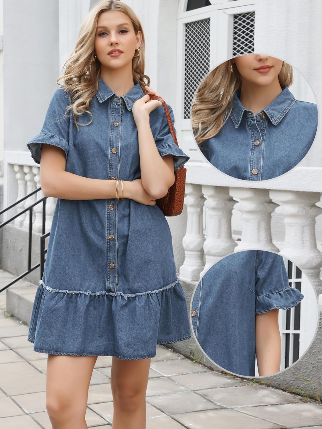 Allegra K Denim Dress for Women's Babydoll Ruffle Short Sleeve Button Casual Mini Jean Dresses with Pockets - Image 4