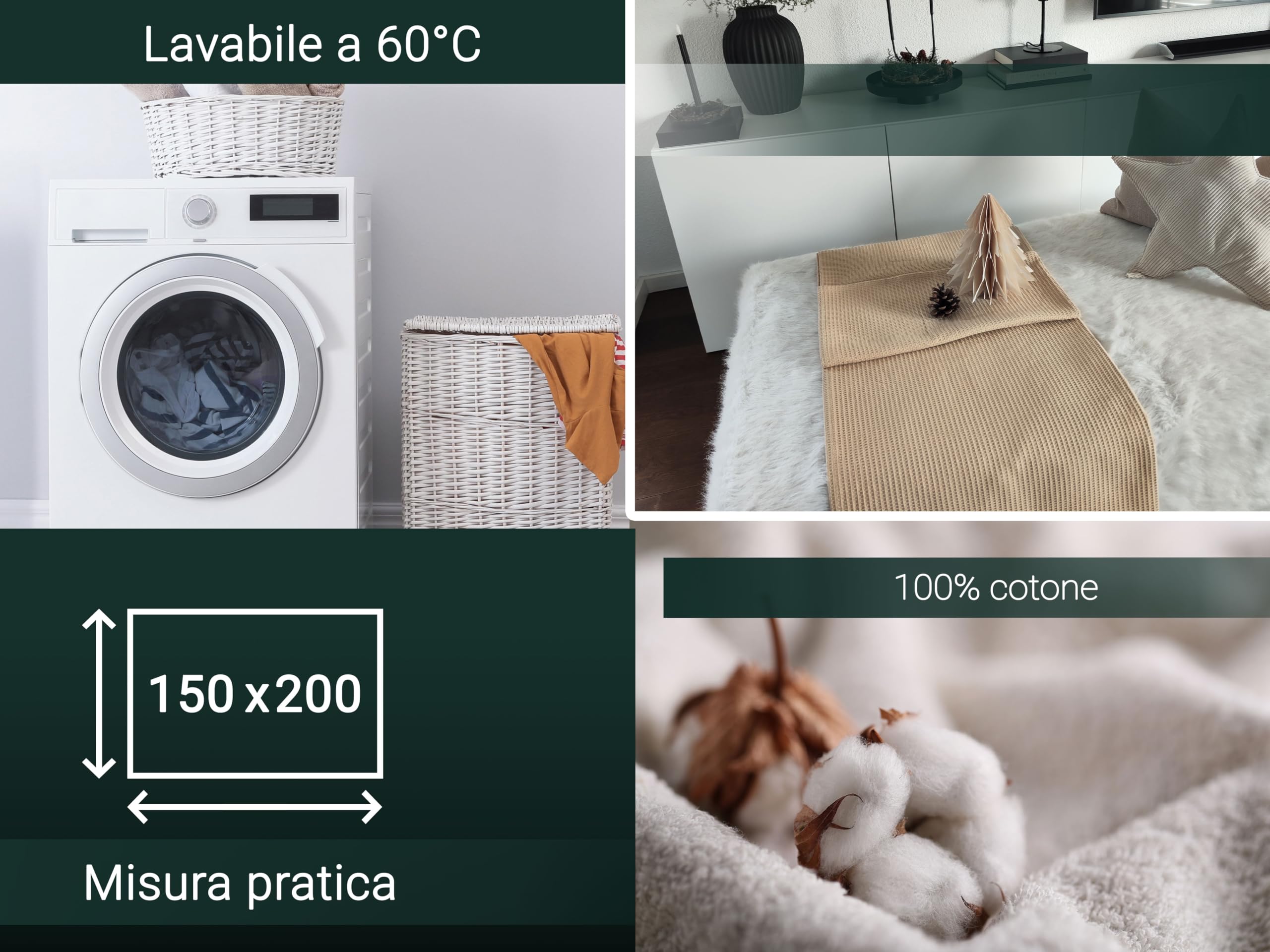ZOLLNER Coperta da divano in 150x200 cm - beige - plaid traspirante - lavabile a 60°C - design in piquè moderno - qualità alberghiera - certificato OEKO TEX (R)