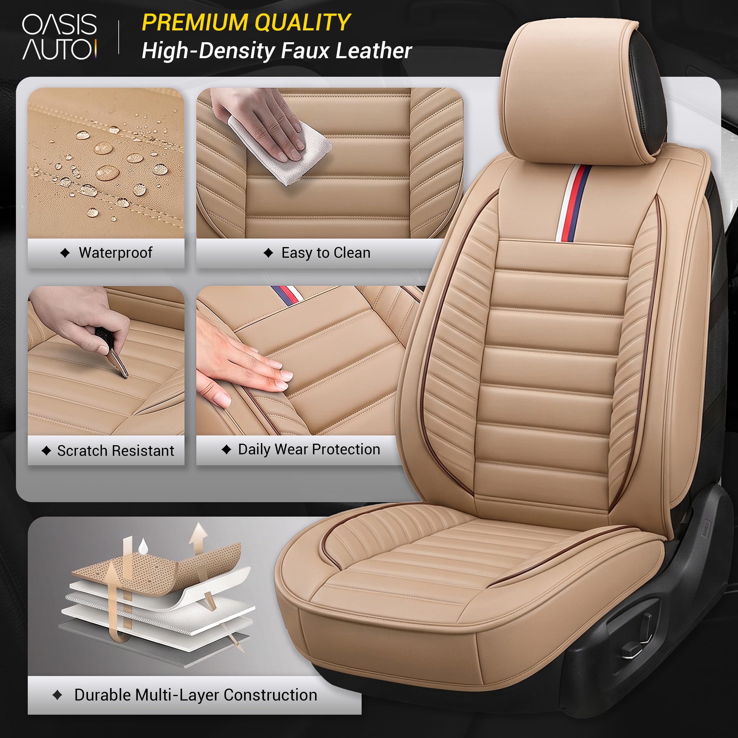 OASIS AUTO Car Seat Cover Full Set, Leather Car Seat Cover, Waterproof Seat Covers, Car Seat Cushion, Nappa Leather Seat Covers Car Seat Protector Universal Fit Most Cars (OS-001 Tan) — Amazon image 3