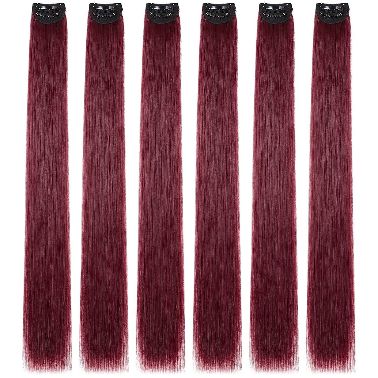 FOK 6 Pcs Wine Synthetic Straight Hair Extensions 21 inch For Girls Women-image-45