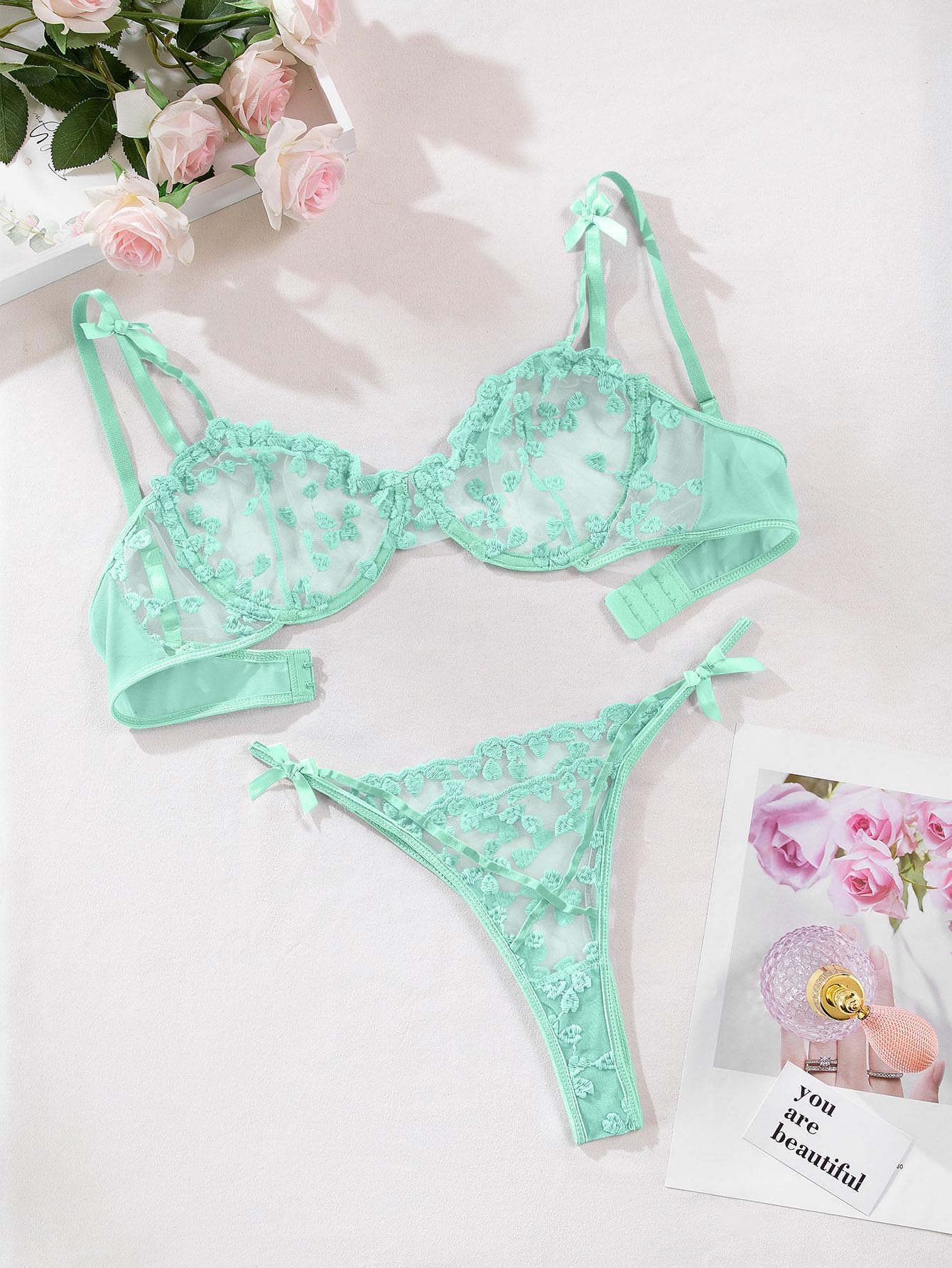 Lilosy Sexy Underwire Cute Push Up Strappy Embroidered Mesh Sheer Lingerie Set See Through Panty Bra: Small Bow Mint Green