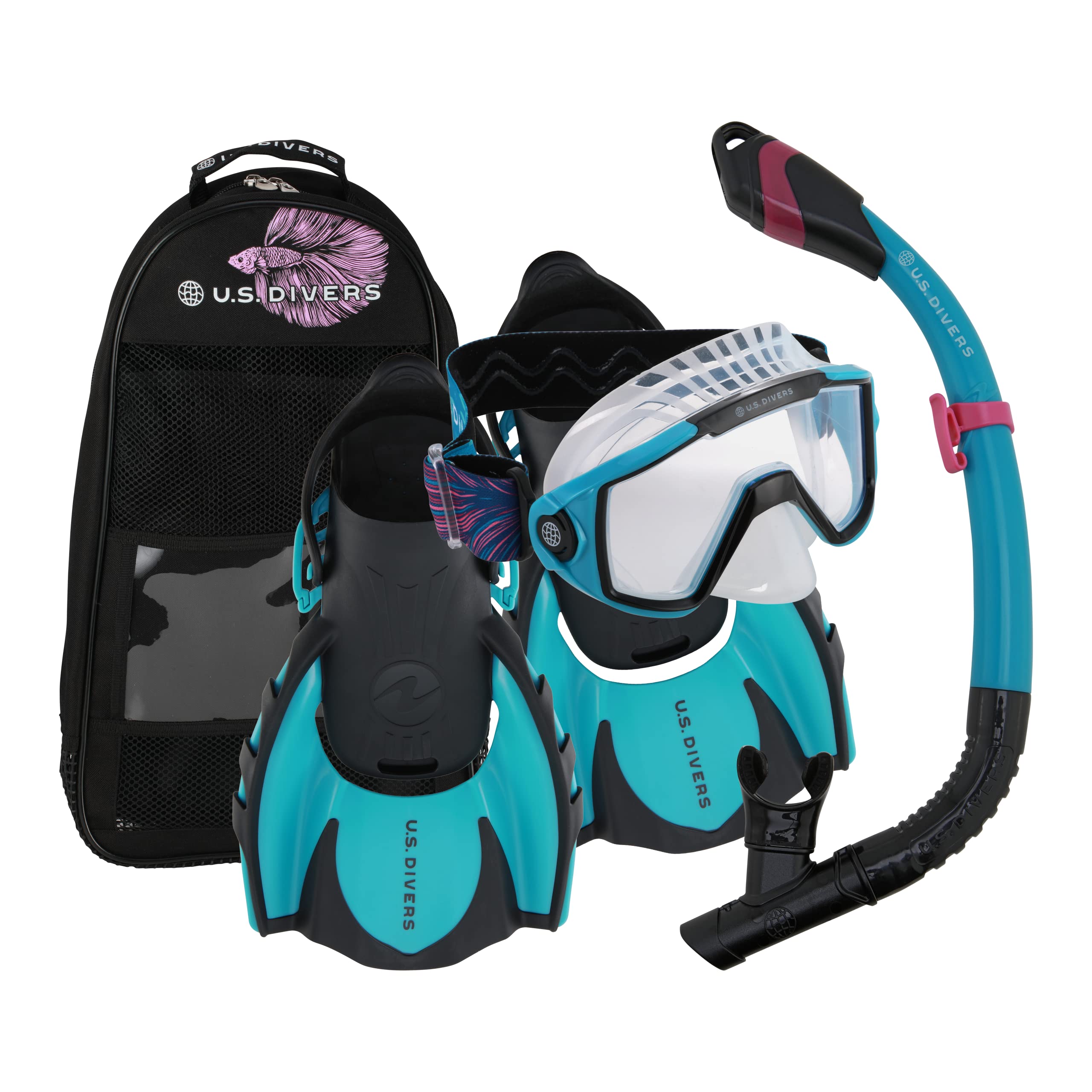 U.S. Divers Avila Unisex Adult Snorkel Set - Curved 1-Window Lens for Panoramic Vision, Anti-Fog Lens, Dry Top Snorkel, Adjustable Open Heel Compact Fins | Large (11+), Betta