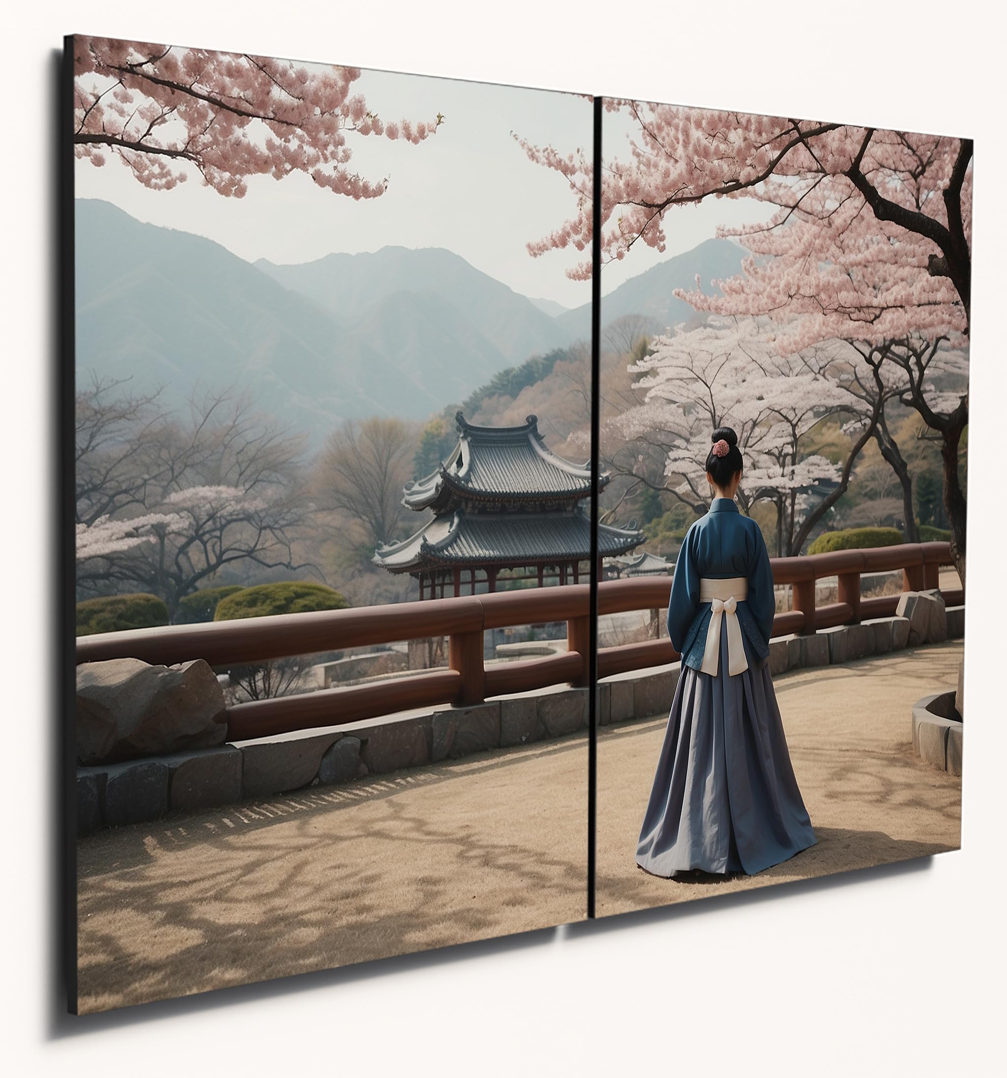 The Plum Penguin Design 3 Traditional South Korean Garden Scene Wall Art, A4 Twin Set, 6Mm Mdf Wood Print Canvas Alternative 40 X 30Cm