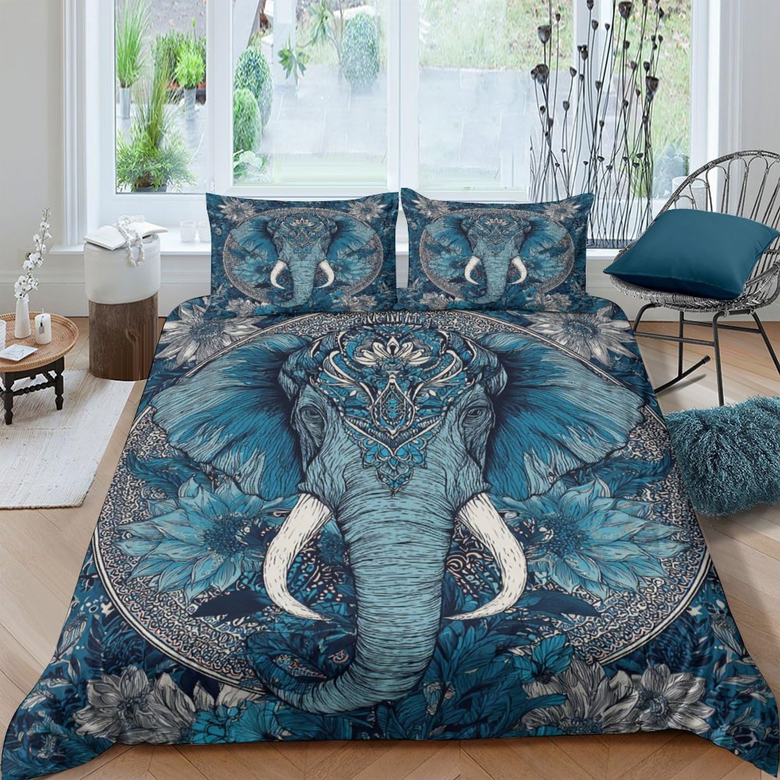 Ctjqhvkz Style-8 3D Printed Blue Elephant Fitted Sheet Microfiber Soft Breathable Mandala Bed Cover For Bedroom Dorm Mattress Protection Decor Single（135X200cm）