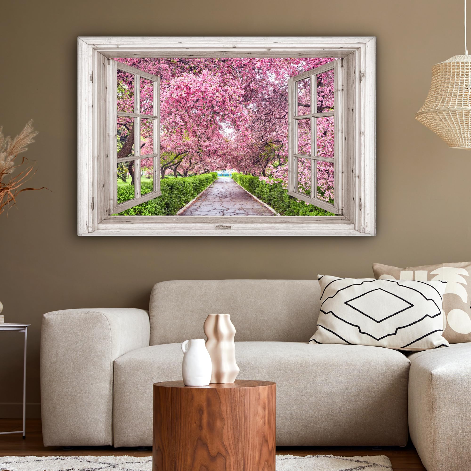 MuchoWow&copy; Stampa Di Foto Su Tela 120x80 Cm Quadro Soggiorno Moderno Quadri Per Salotto Decorazioni Camera Giapponese - Sakura - Fiore - Albero - Rami Fioriti - Vista Dalla Finestra