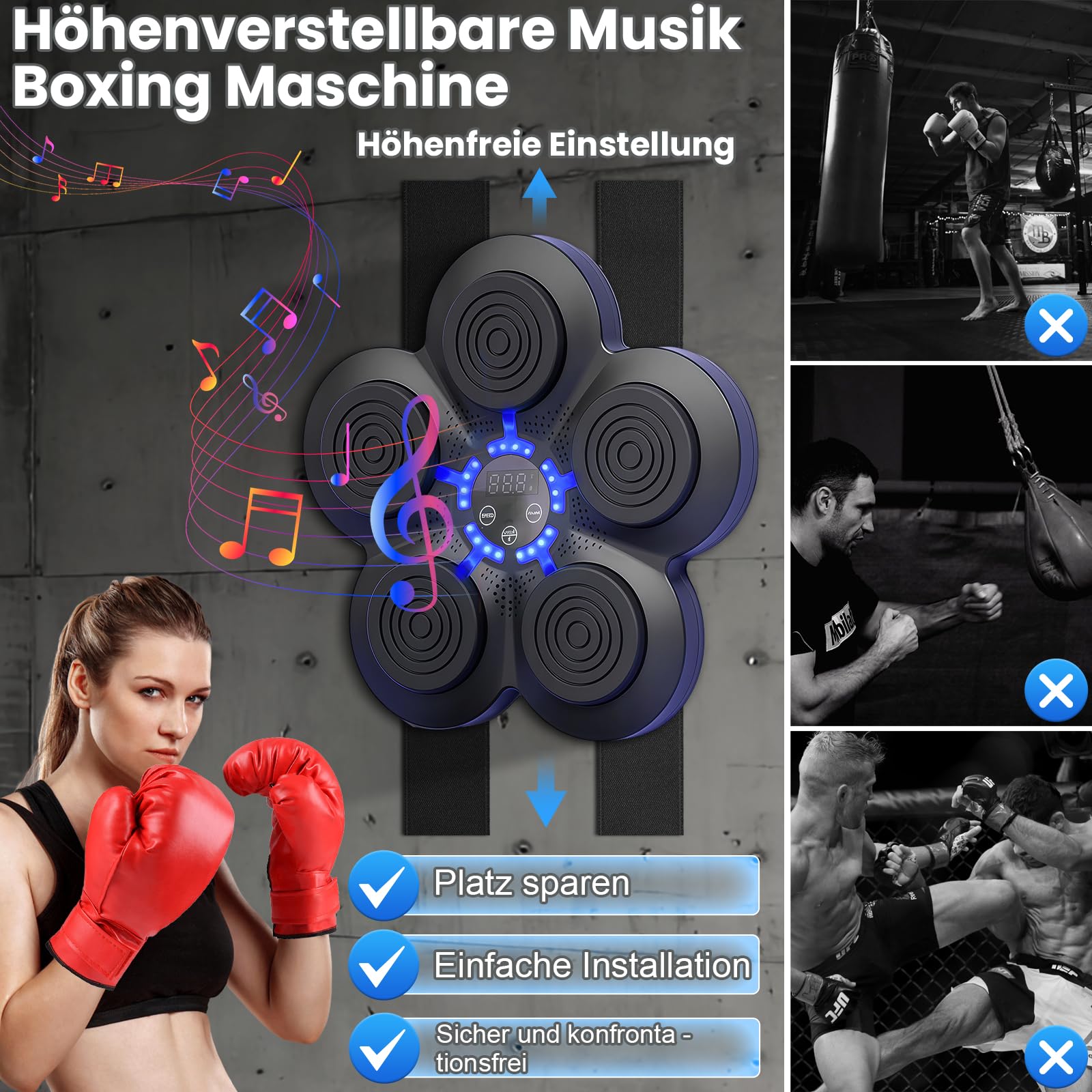 Machine de Boxe Musicale, LED Boxe Mural Musique Bluetooth avec Gants, 9 Niveaux de Vitesse et Plusieurs Modes de Frappe, Montage Murale, Appareil de Boxe pour Adultes et Enfants, Anti-Stress