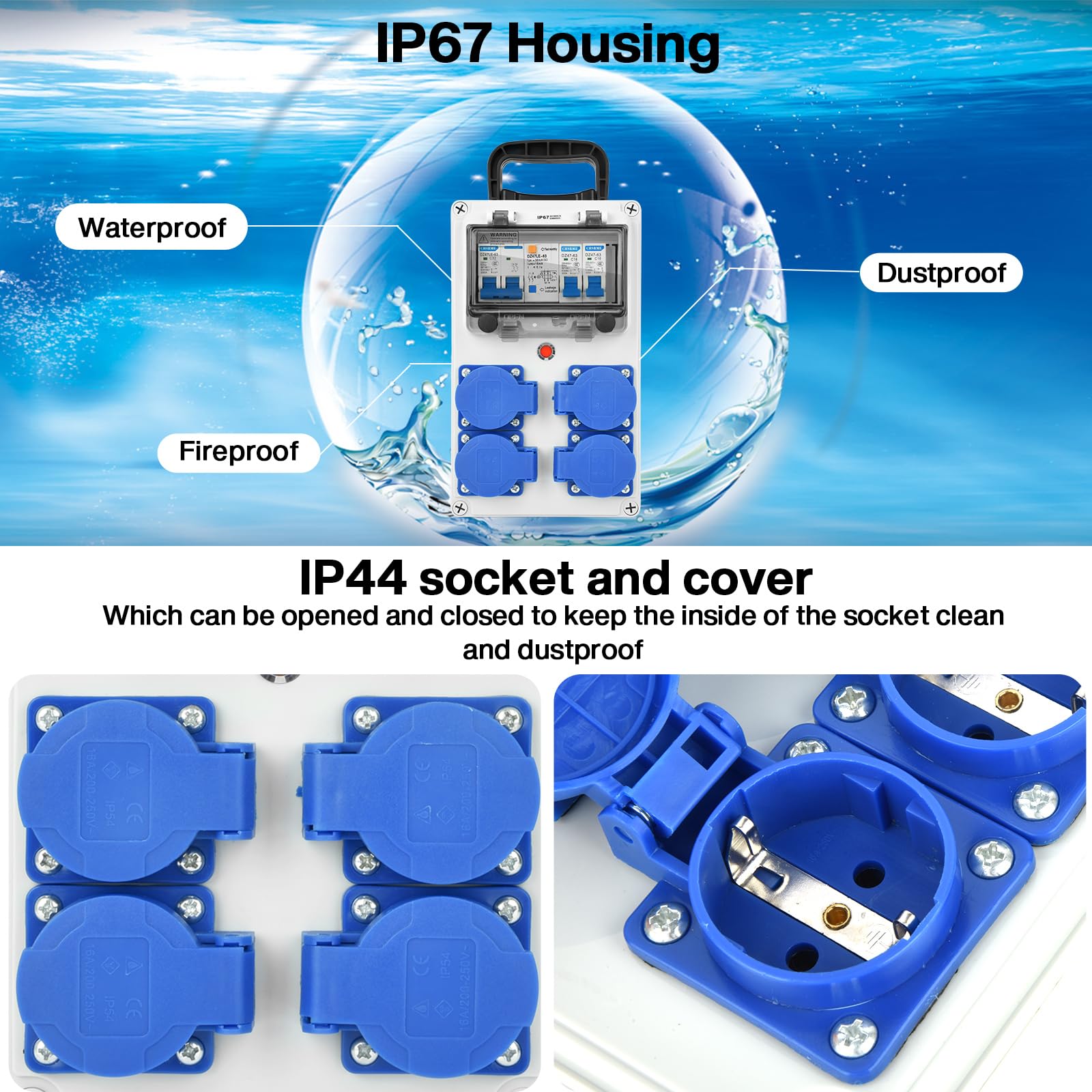 Coffret de Chantier 230V avec Disjoncteur 16A IP67, 4 Prises