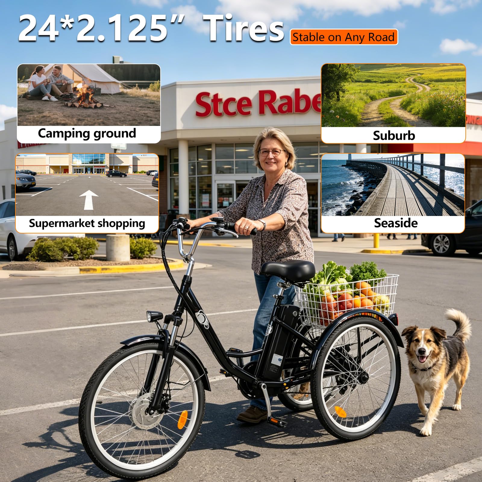 Triciclo elettrico per adulti, bicicletta elettrica da 24", per uomo e donna, con batteria da 36 V, 15 Ah, fino a 50 km, motore da 250 W, con display LCD, 25 km/h, cestino anteriore e