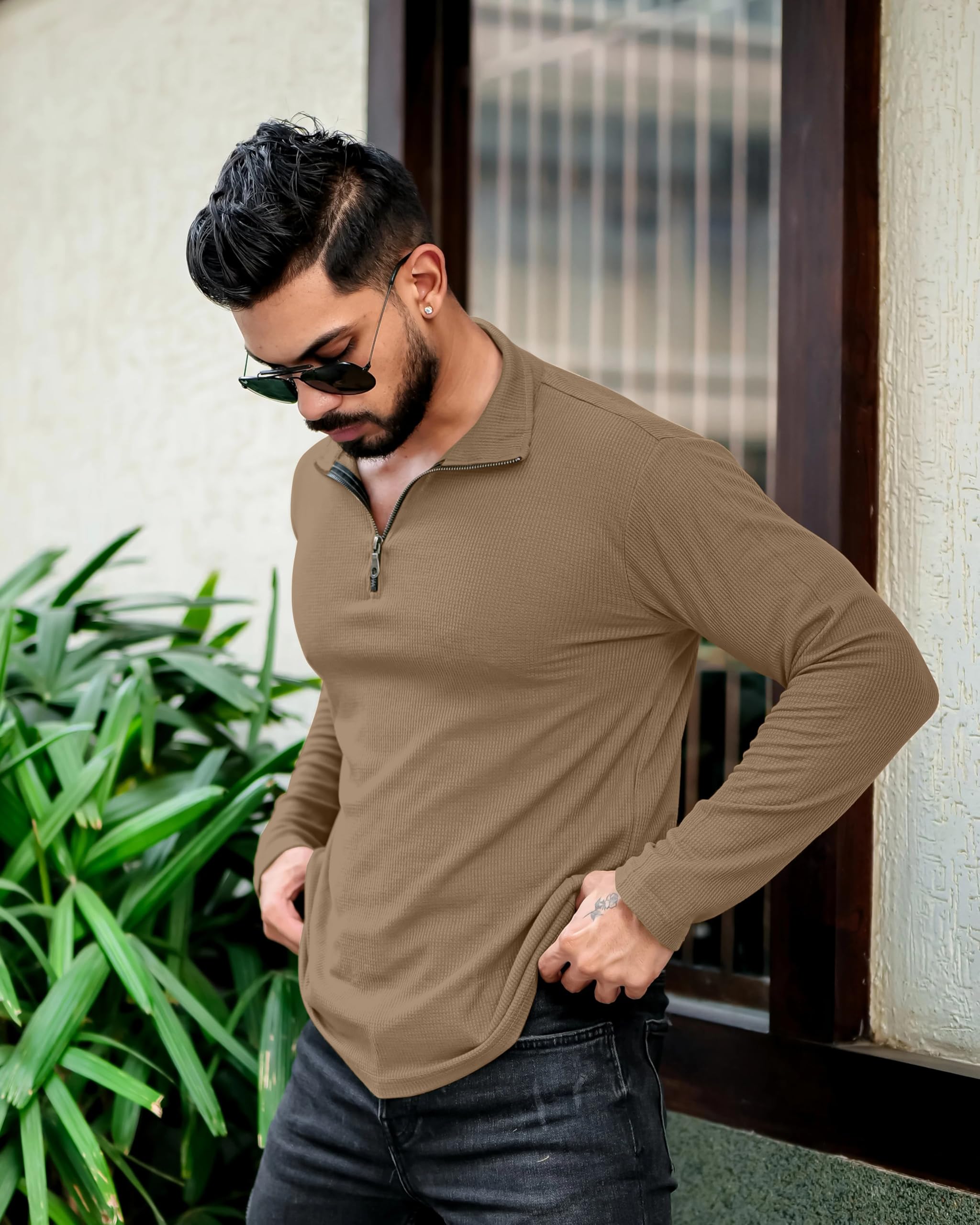 KAJARU Men's Polyester Blend T Shirt with Spread Collar Neck Line Zipper Closure Full Sleeves Solid Pattern Regular Fit and Standard Length - Image 4 thumbnail