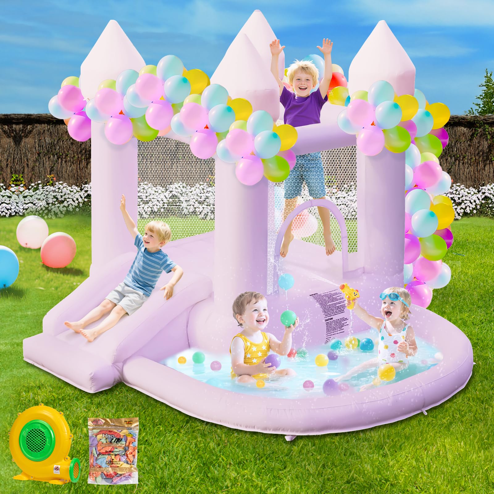 Bouncy Castle, Inflatable Bounce House for Kids, Bounce Castles with 370W Air Blower & Ball Pit Slide, Jumping Castle for Indoor Outdoor Party Wedding Playhouse-Purple