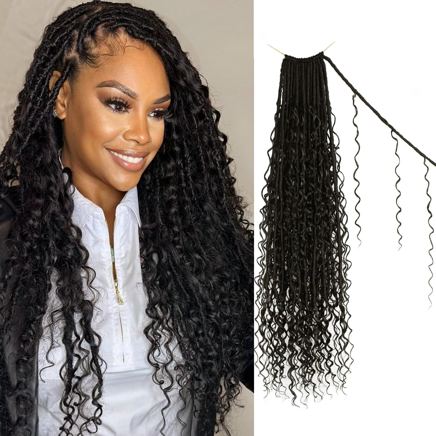 Boho Faux Locs Crochet Hair 24 Inch Goddess Locs 8 Packs Boho with Curly Ends Pre-looped Long Bohemian River Locs Crochet Hair for Black Women(24Inch,
