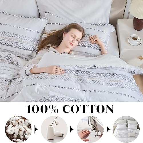 Miniatura 2 de Finlonte Juego de edredón de algodón tamaño King, edredón bohemio gris con patrón geométrico, relleno de edredón ultrasuave, juego de ropa de cama