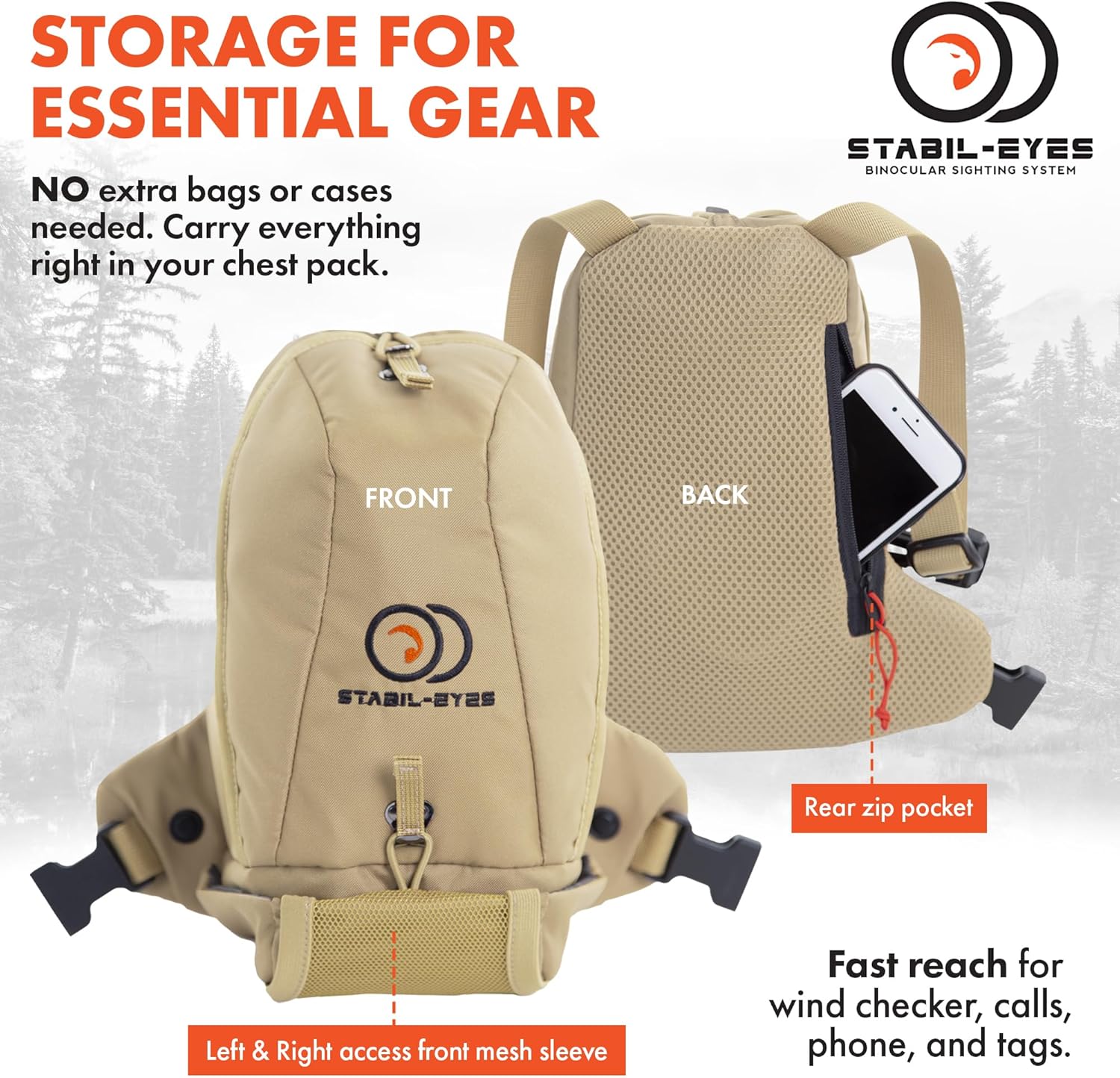 Hands-Free Bino Sighting System, Monopod Binocular Harness Chest Pack, Steady Glassing Without Tripod, Lightweight, Fast Gear Access for Hunting, No Arm Fatigue