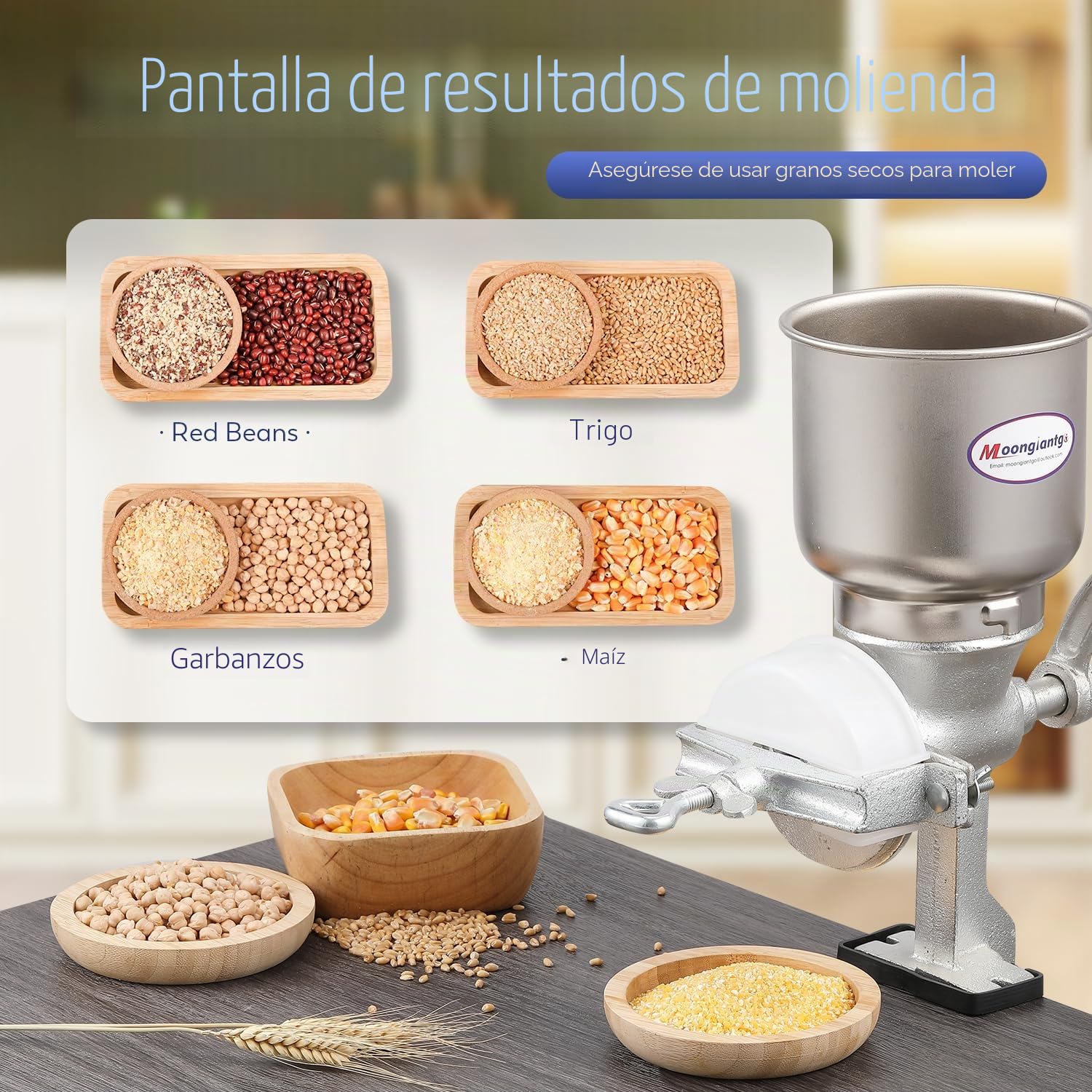 Moongiantgo Molinillo de Cereales Manual con 13cm Tolva Grande & 4cm Abrazadera de Mesa, Finura de Molienda Ajustable, Molino de Mano de Hierro Fundido, para Nuez, Café, Semillas, Maíz, Especias