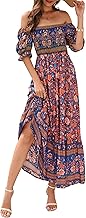 VEVESMUNDO Women's Summer Dresses Beach Dress Summer Short Sleeve Boho Beach Holiday Dress Off Shoulder Dresses Maxi Dress with Floral Print Size 36 38 40 42 44
