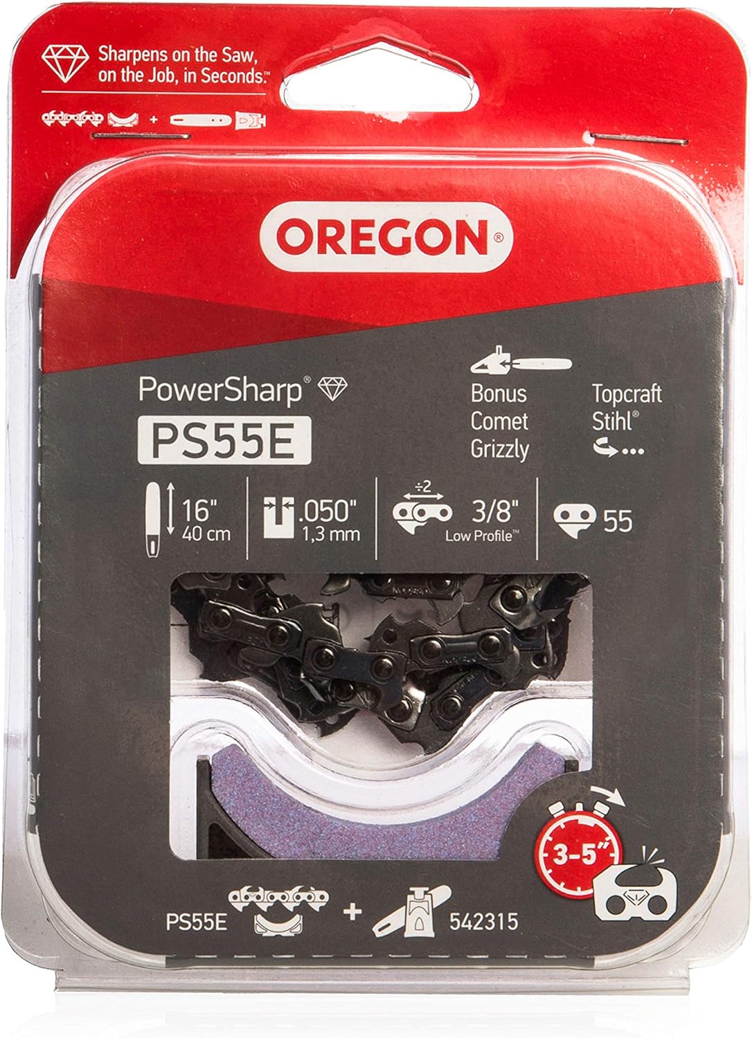 Oregon PowerSharp Chain & Stone Set, 16-inch Bar, Fits the Portable Bar-Mounted Chainsaw Sharpener, with LubriTec™ Automatic Oiling System, Low Kickback, 55 Drive Link Chain (PS55E)