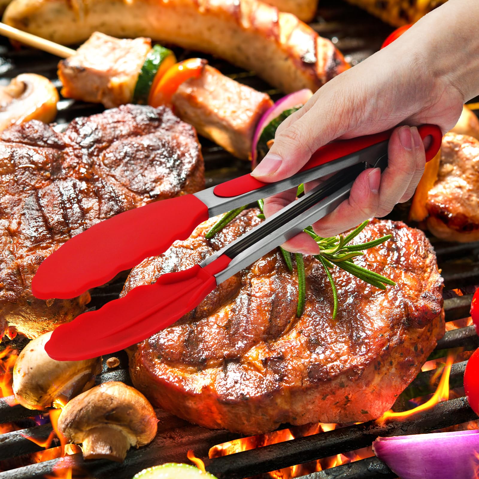 Pinzas de cocina de acero inoxidable de alta calidad resistentes al calor para cocinar, juego de pinzas de cocina de 9 y 12 pulgadas (rojo), punta de silicona antiarañazos para sartenes
