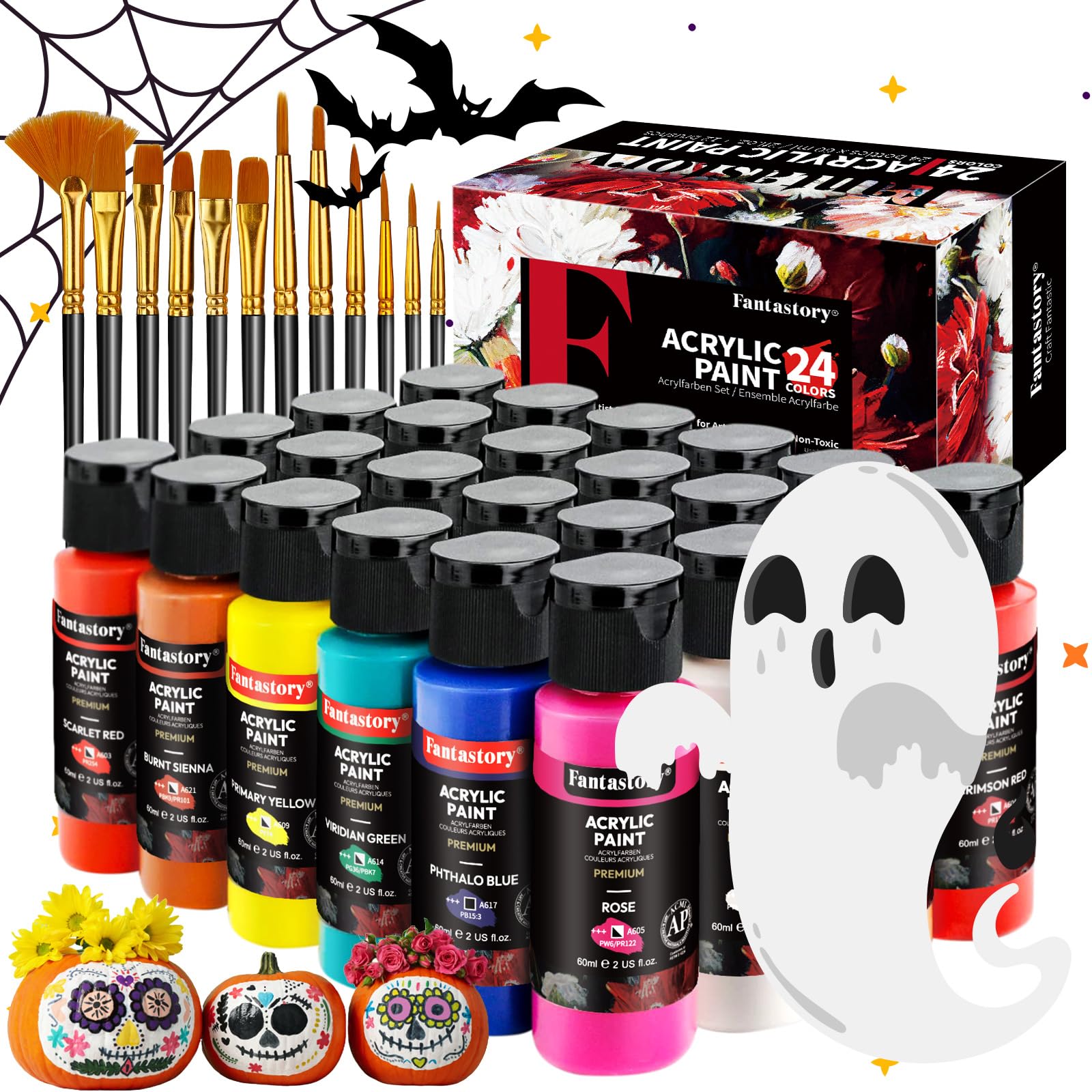 fantastory Acrylic Paint Set 24 Colors (2 oz / 60ml Each), Non Toxic, Non Fading, Waterproof, Acrylic Paint Kit for Artwork & DIY Projects on Canvas, Wood, Glass, Clay, Fabric, Ceramic, Paper, Canvas