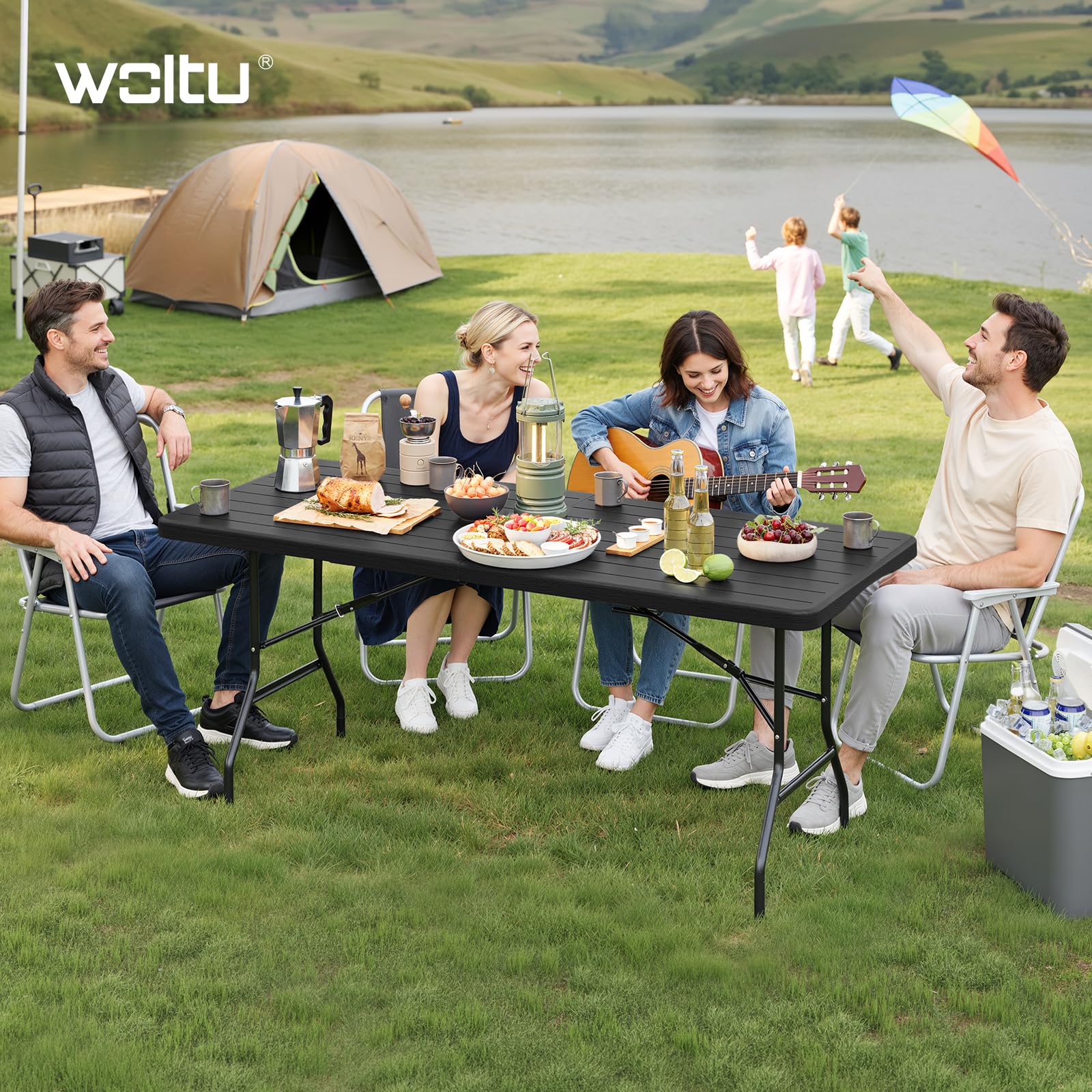 WOLTU Klapptisch 180x74cm, Gartentisch mit Tragegriff, Klappbar & Tragbar & Wetterfest, aus HDPE + Metall, Campingtisch 8 Personen für Garten Terrasse und Balkon, Schwarz