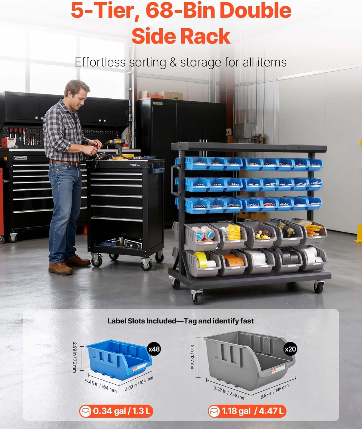VEVOR 5-Tier Double-Sided Rolling Bin Storage Rack, 68 Plastic Bins, Dual-Sided Parts Organizer with Wheels, Mobile Tool Organizer for Garage, Warehouse, Office, Restaurant, Classroom, Kitchen