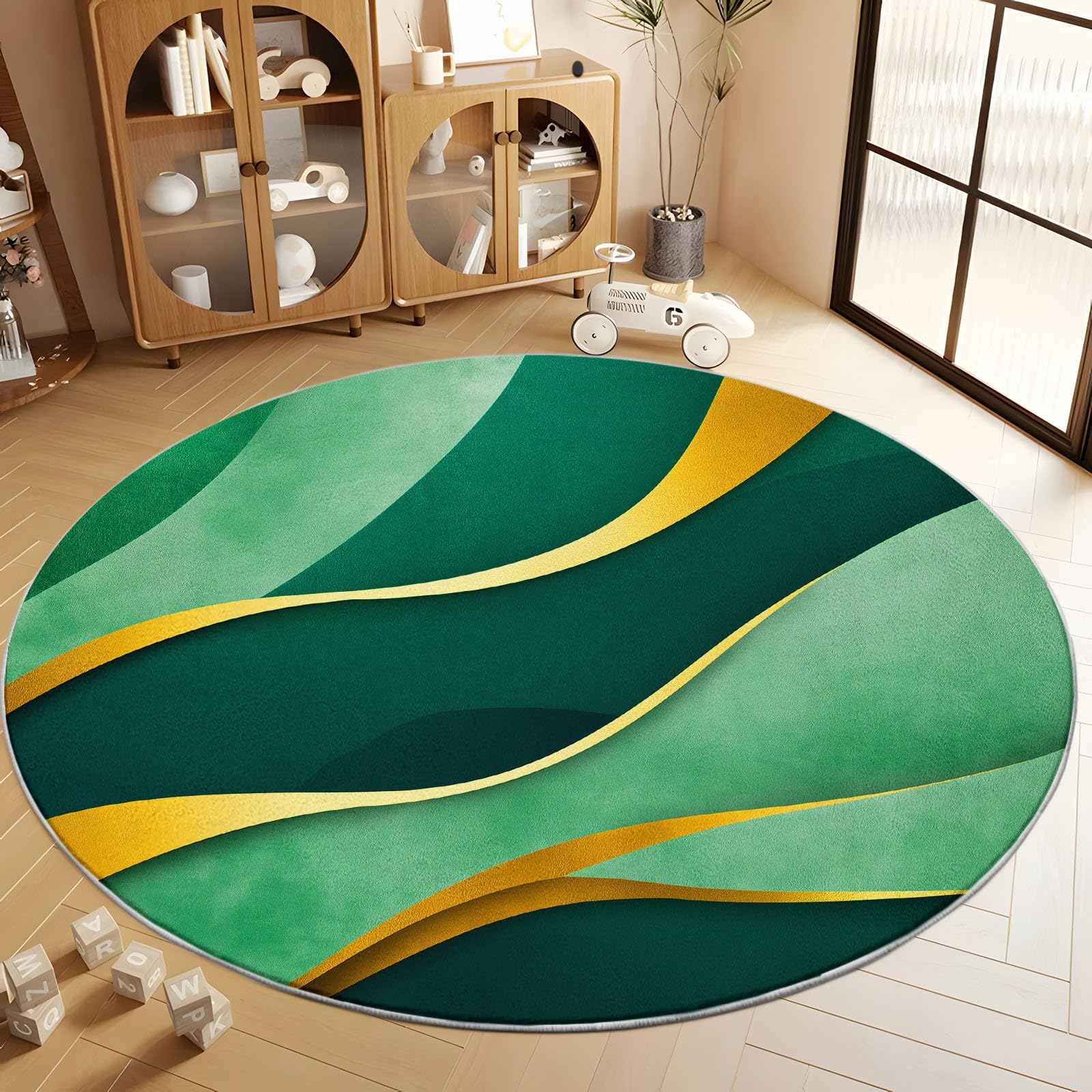Générique Tapis Rond à Vagues Or Vert, Tapis de Ultra Fin Diamètre 180 cm, Doux, Antidérapant et Lavable, Couleur Design Abstrait pour Chambre Entrée Salle à Manger ou Dortoir Familial