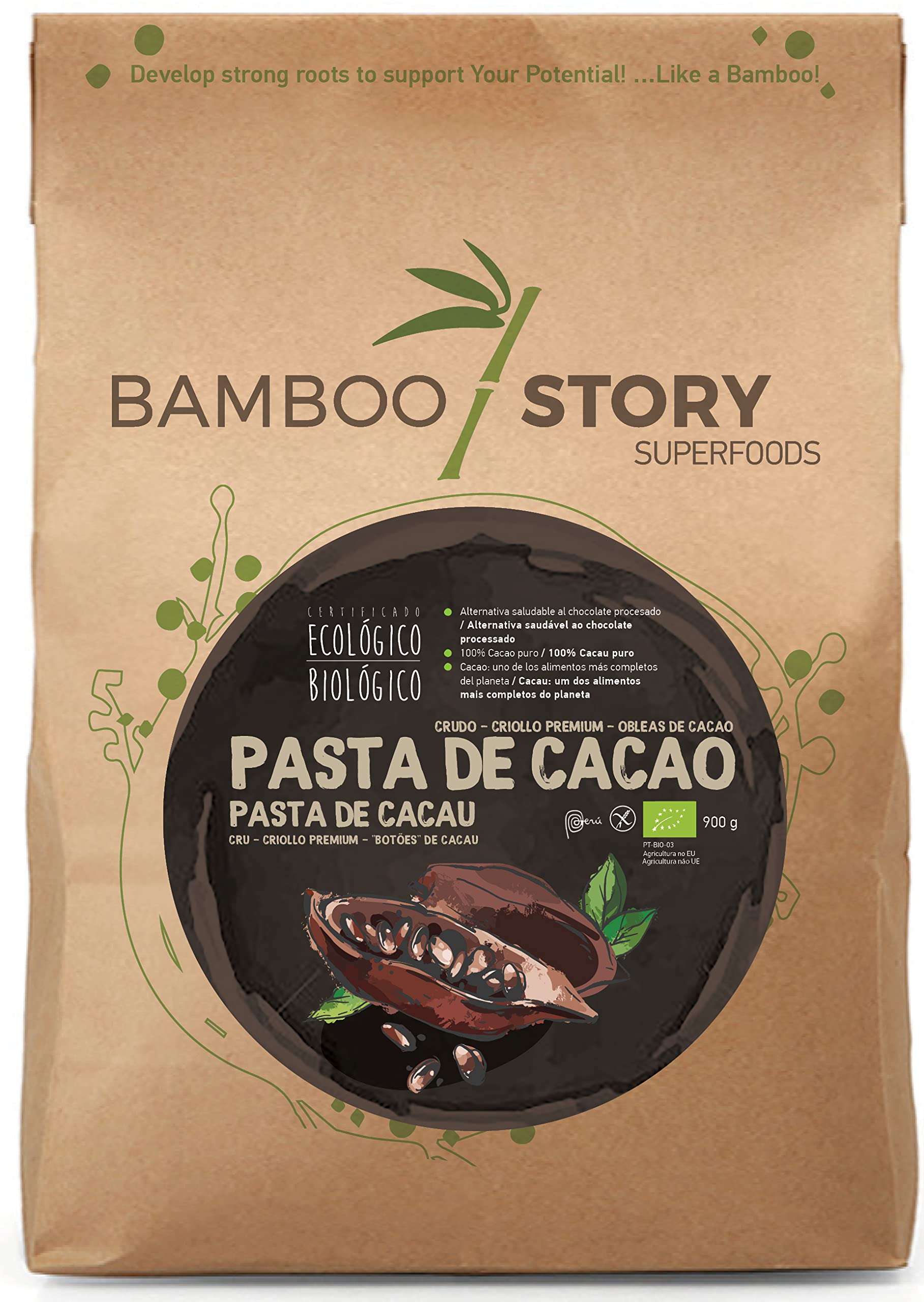 Crudo | BAMBOO STORY | Pasta Cacao en Obleas | Criollo | Ecológico/BIO | 100% Cacao | Sin Azúcar | 900 g | Origen 100% Perú