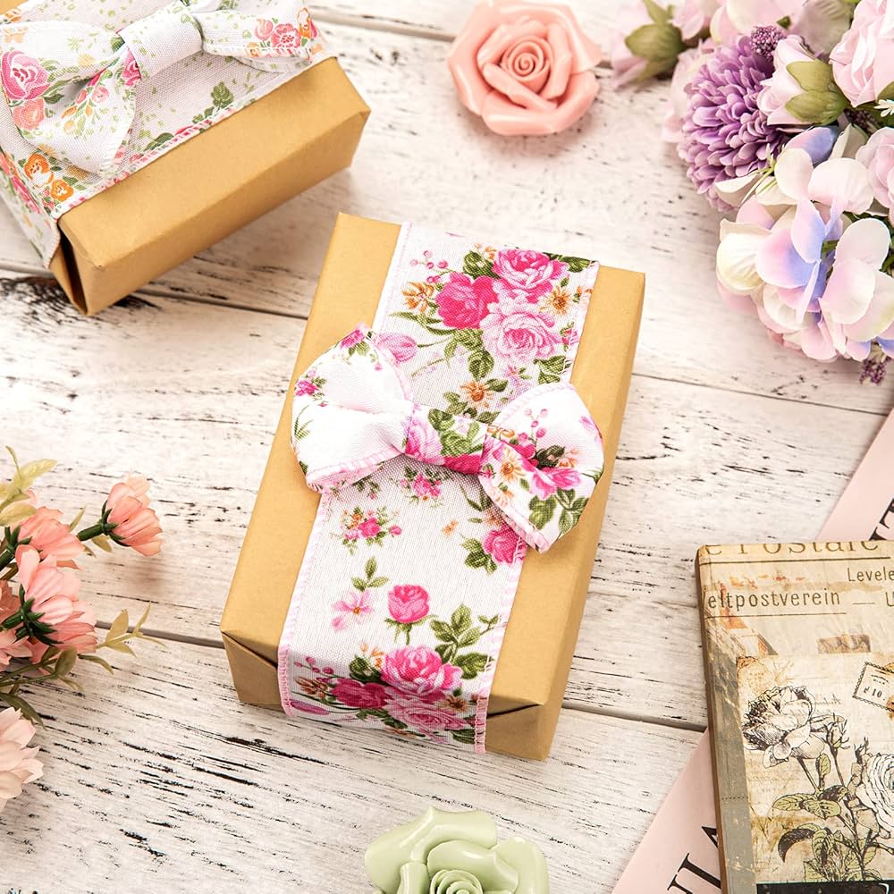 Amazon.com: Whaline Pink Floral Wired Edge Ribbon 4 Rolls