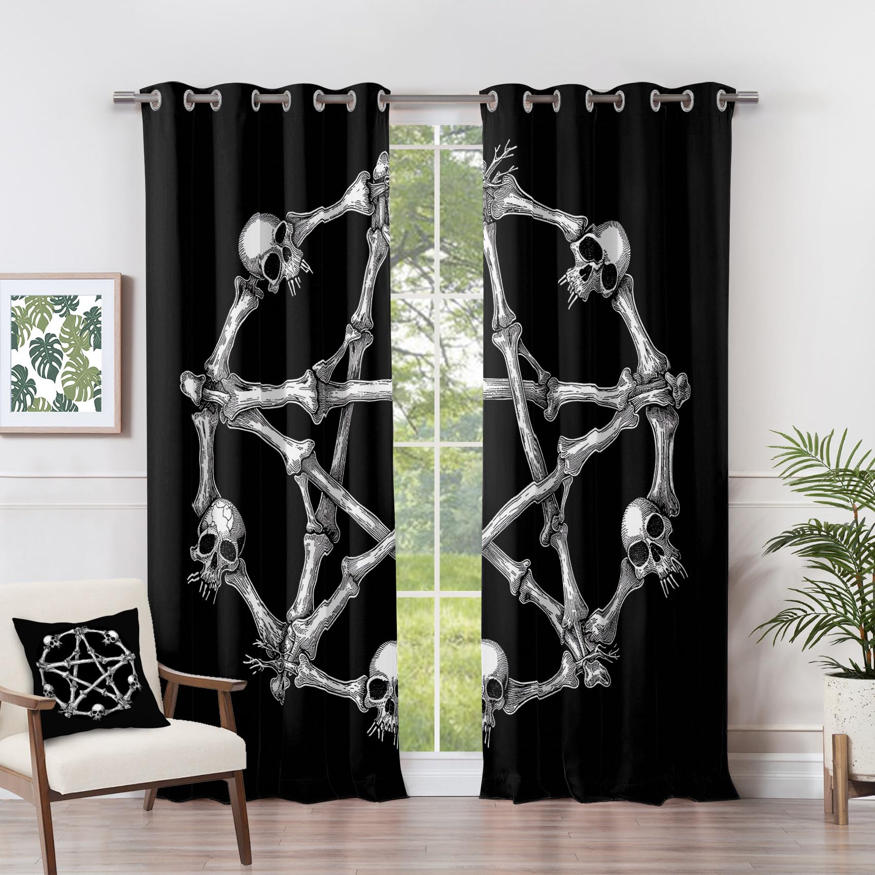 Gothic Curtains Black - Pentagram Curtains - Skull Witchcraft Pentacle Blackout Curtains 46 x 54 Inch (Width x Drop) 2 Panels, Goth Skeleton Eyelet Curtains & Drapes