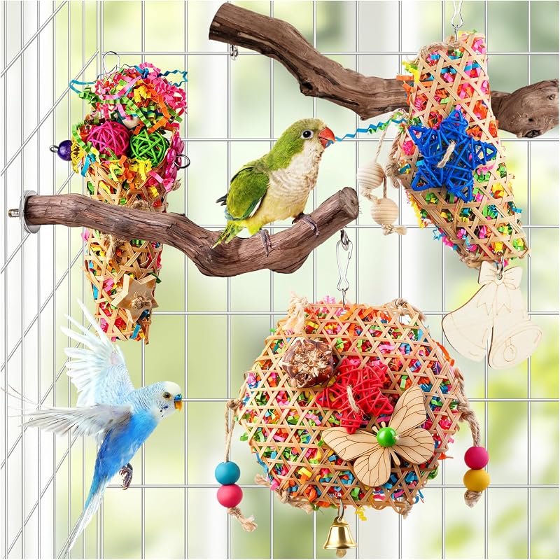 Brinquedo Suspenso para Aves com Poleiro de Madeira Natural e Itens para Roer Matutinus ZB