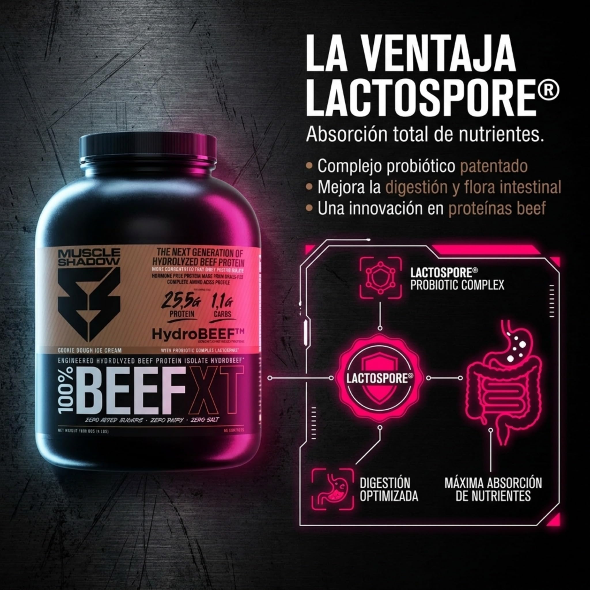 BEEF XT Proteína Ternera 1,8kg Cookie Dough Ice Cream | HydroBeef™ aislado ternera, rápida absorción. Sin lactosa, gluten ni azúcar. Probióticos LactoSpore®. Formato polvo