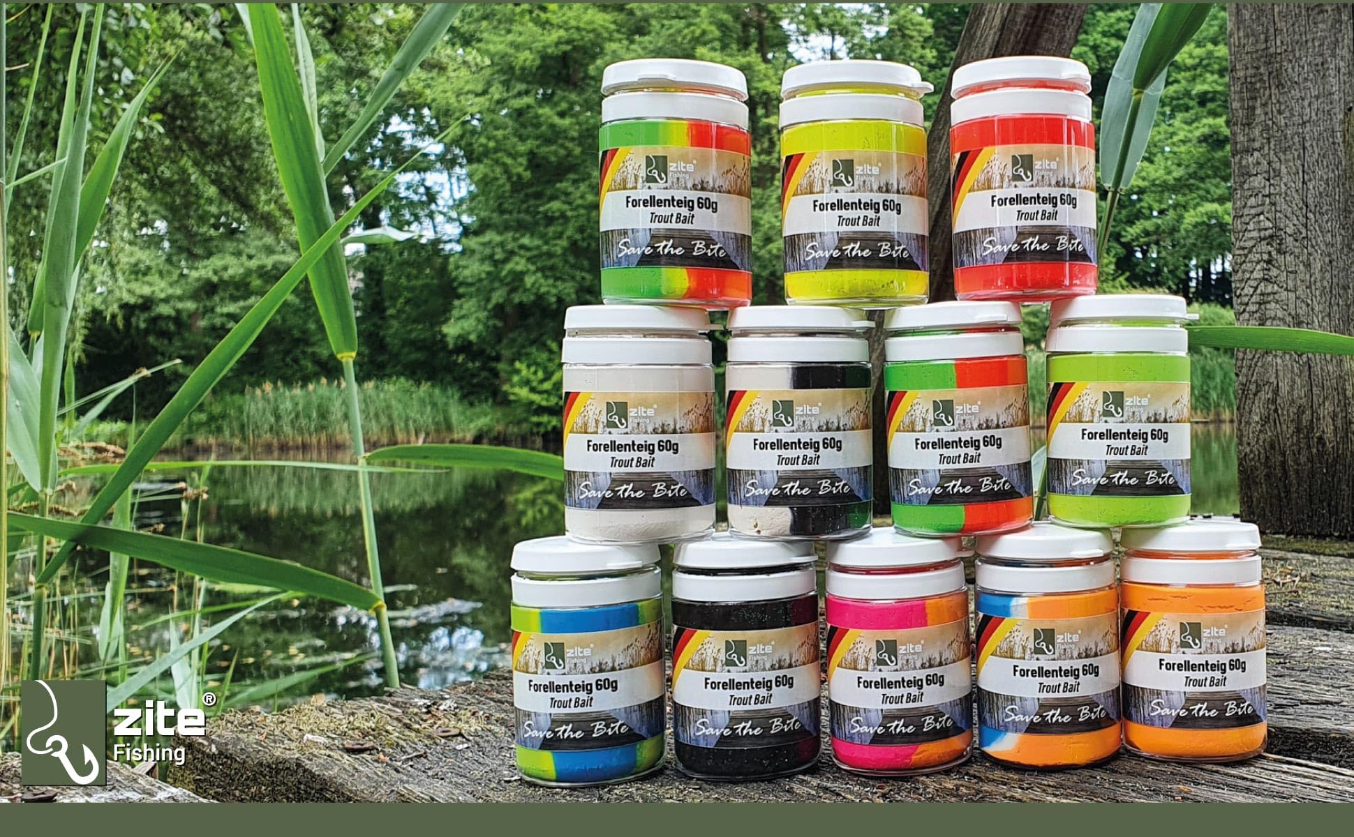 Zite Fishing Forellenteig XXL-Set – Alle 12 Aromen & Farben – 12x60g Trout Bait Forellenpaste - Angelteig mit Glitter als Forellen-Köder