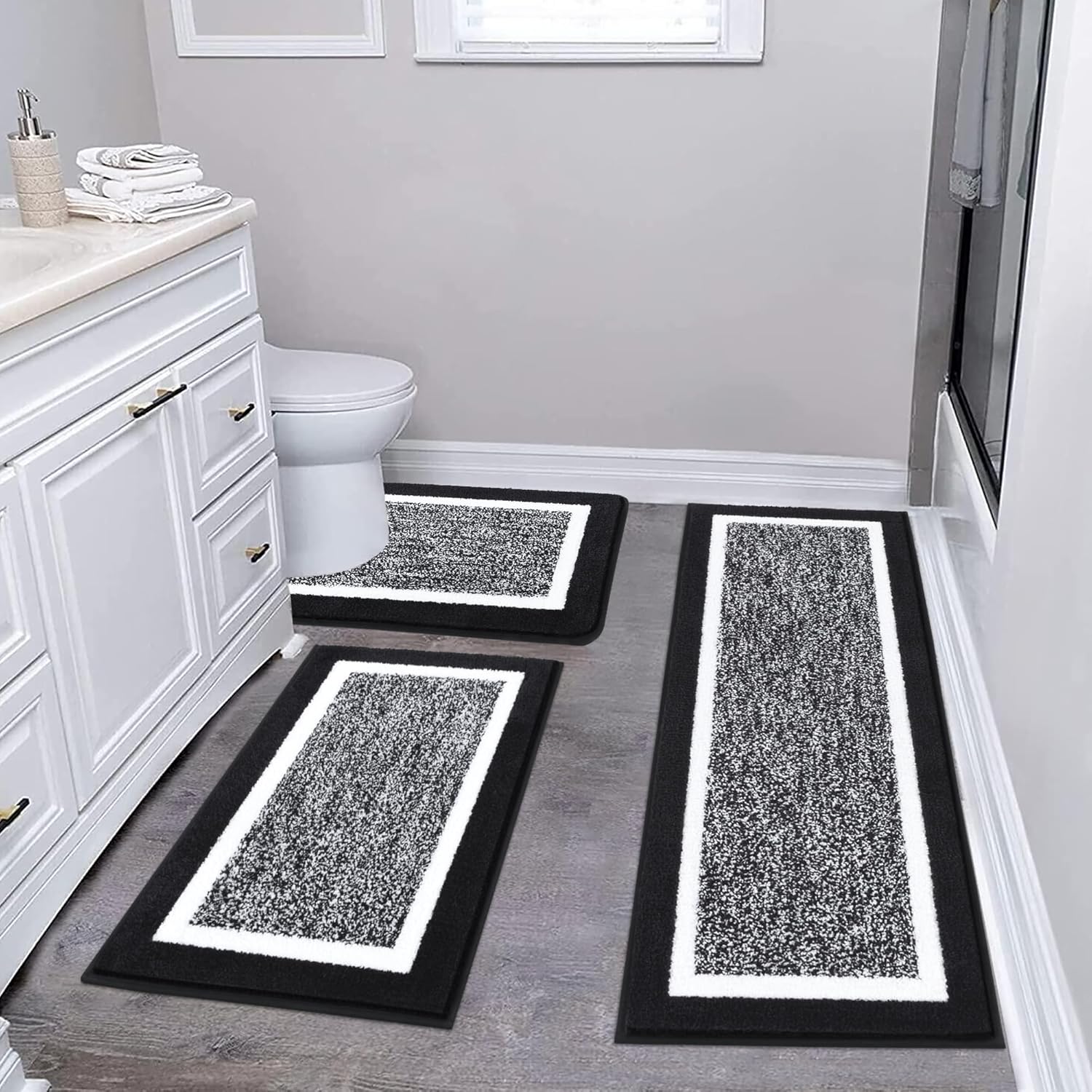 Pauwer 3-Piece Microfiber Shaggy Bathroom Rug Set - Non-Slip Ultra Soft Absorbent Mats with U-Shaped Toilet Rug, Black 18x26 + 18x48 + 20x24