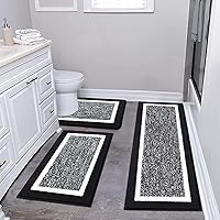Pauwer 3-Piece Microfiber Shaggy Bathroom Rug Set - Non-Slip Ultra Soft Absorbent Mats with U-Shaped Toilet Rug, Black 18x26 + 18x48 + 20x24
