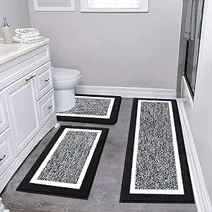 Pauwer Bathroom Rug Mat Set 3 Piece, Microfiber Shaggy Bath Set, Non-Slip Ultra Soft Carpet Mats, Absorbent with U-Shaped Toilet for Bathroom, Tub, Shower, Black