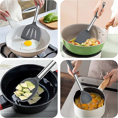 Miniatura 5 de Homikit 17 utensilios de cocina de silicona con soporte, juego de utensilios de cocina grises, mango de acero inoxidable, herramientas de cocina