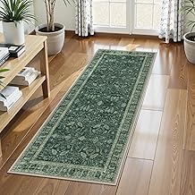 Lahome Vintage 2x5 Green Kitchen Runner Rugs Non Skid Washable, Boho Runner Rug for Hallway with Rubber Backing, Border Printed Carpet Runners for Bathroom Entryway Laundry (2x5ft,Green)