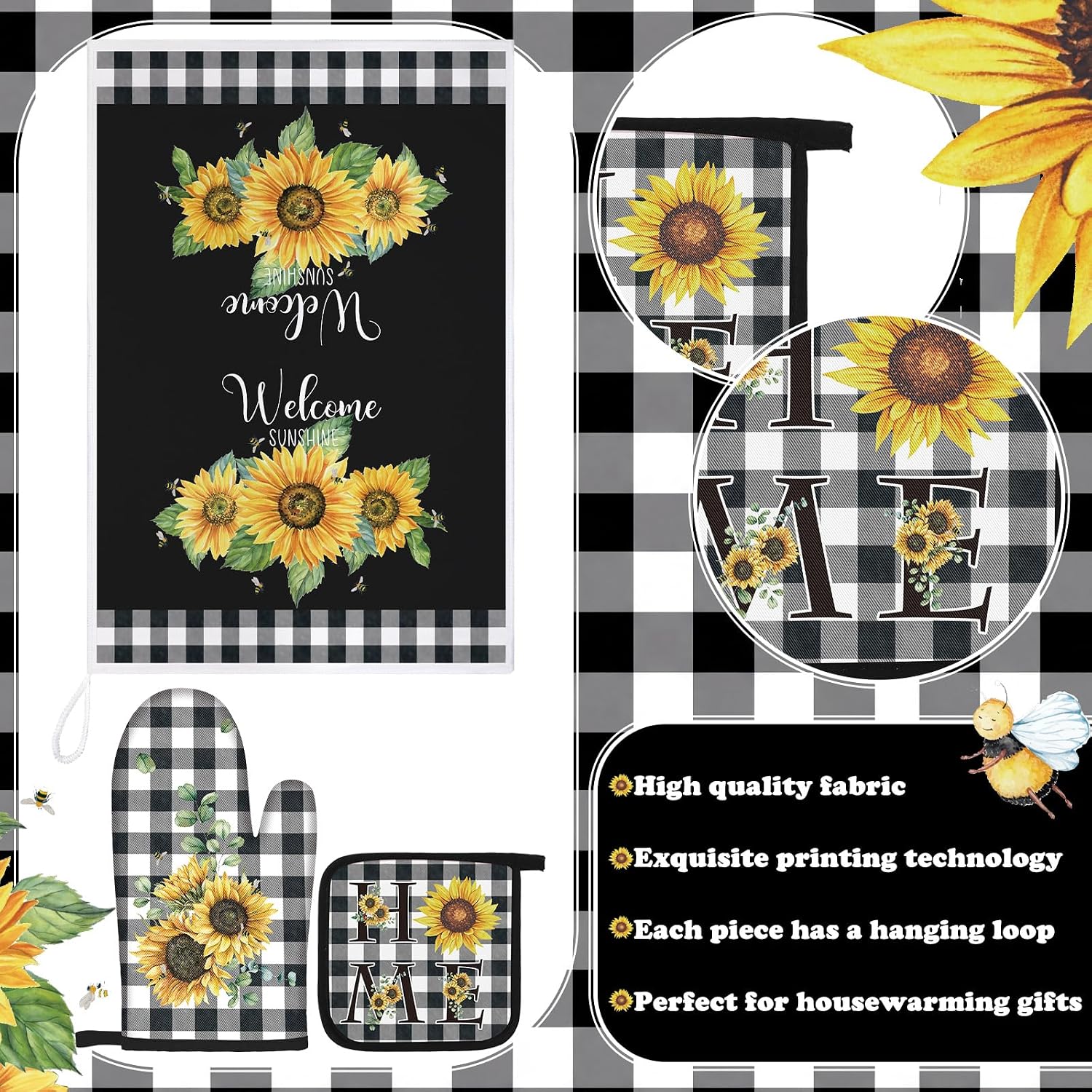 Leinuosen 8 Pcs Sunflower Plaid Kitchen Towels Dishcloths Accessories Set