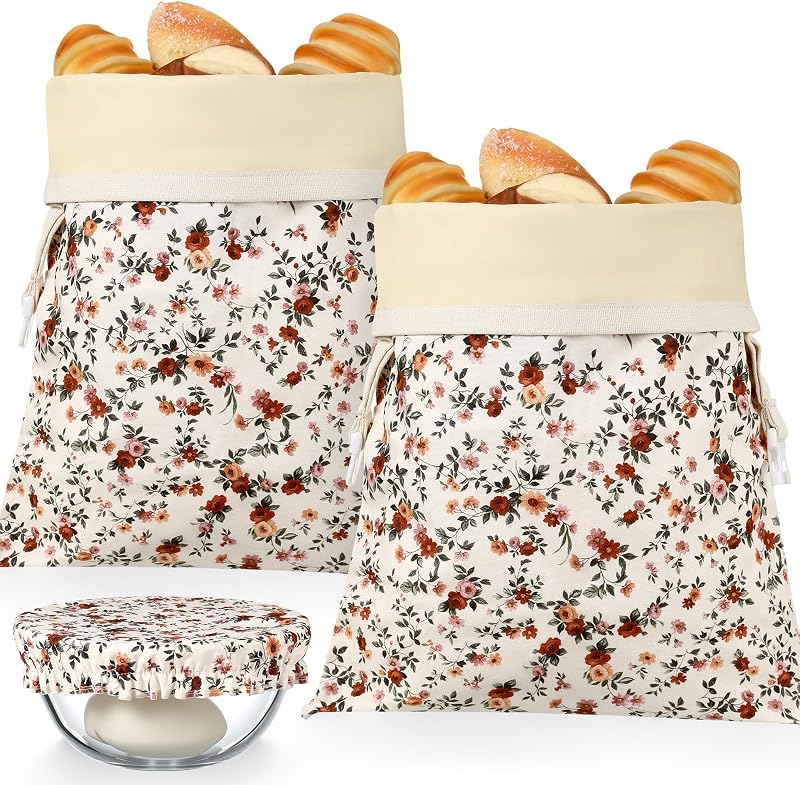 Reusable Beeswax Bread Bags for Homemade Bread Sourdough (2 Pcs 13x17in Bags + 10in Bowl Cover) Floral Cotton 100% Natural Beeswax Coating, Plastic-free Food Storage Wrap(Vintage Flower)