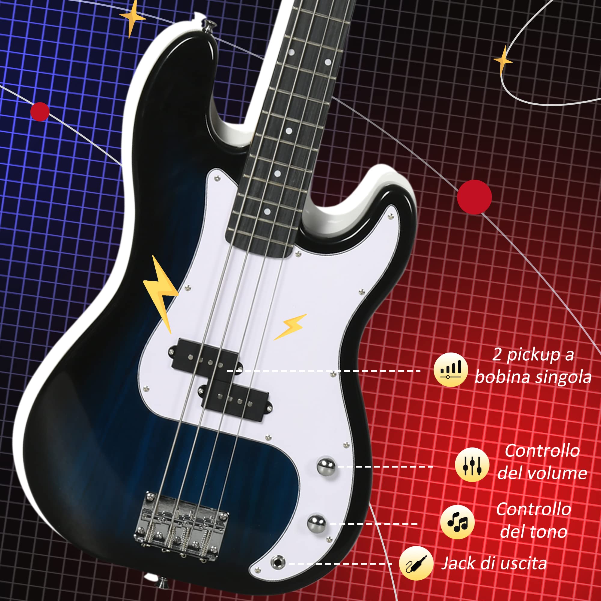 SPORTNOW Chitarra Basso Elettrico 4 Corde con Amplificatore 15W, Borsa, Tracolla, Blu Scuro
