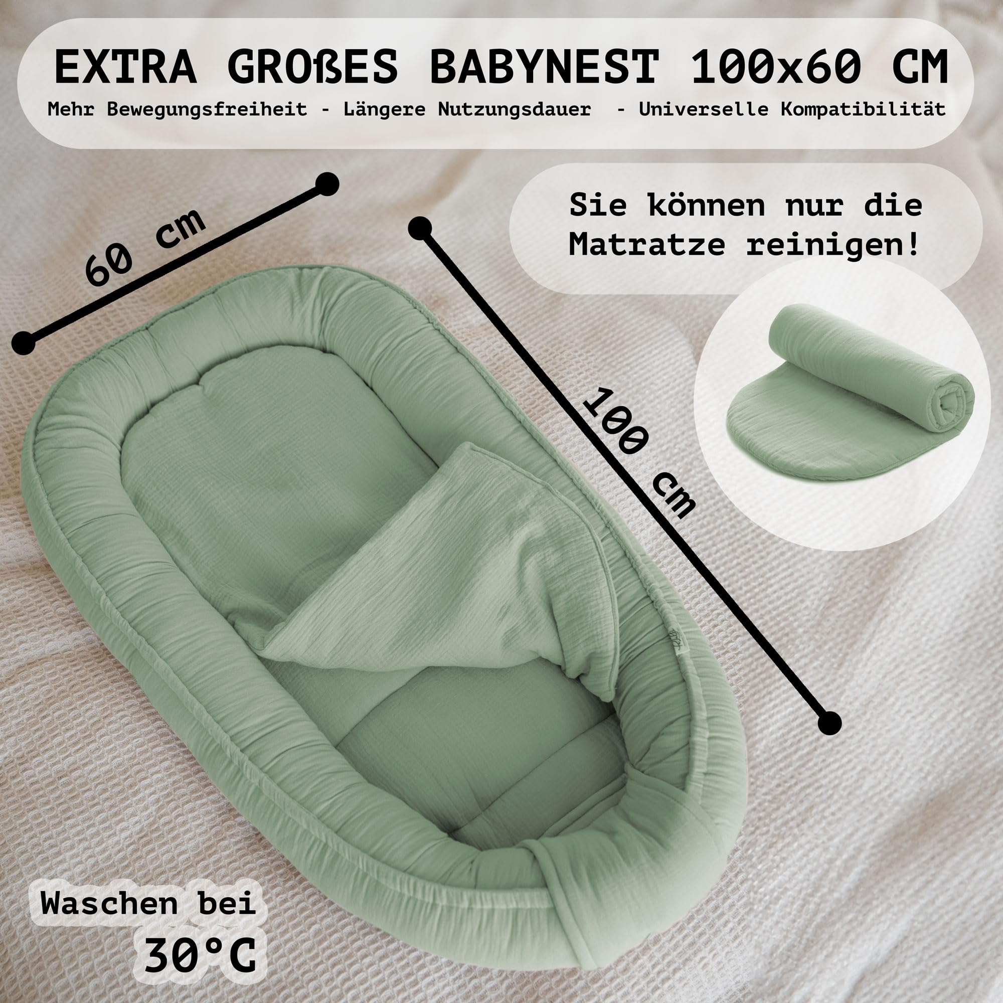 PALULLI® Gniazdko dziecięce 100 x 60 cm – miękkie muślinowe gniazdo z materacem, gniazdo do spania, kokon, łóżeczko turystyczne dla noworodków, 100% bawełna (szałwia zielona)