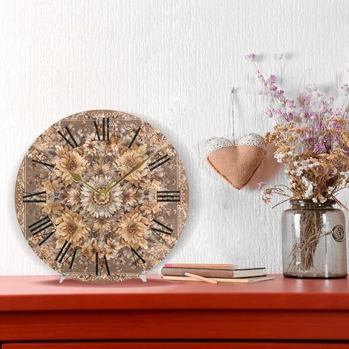 Miniatura 2 de retro Brown Flowers 10 Inch Round small bathroom wall clock Silent Hanging for Office Living Room reloj de pared para cuarto