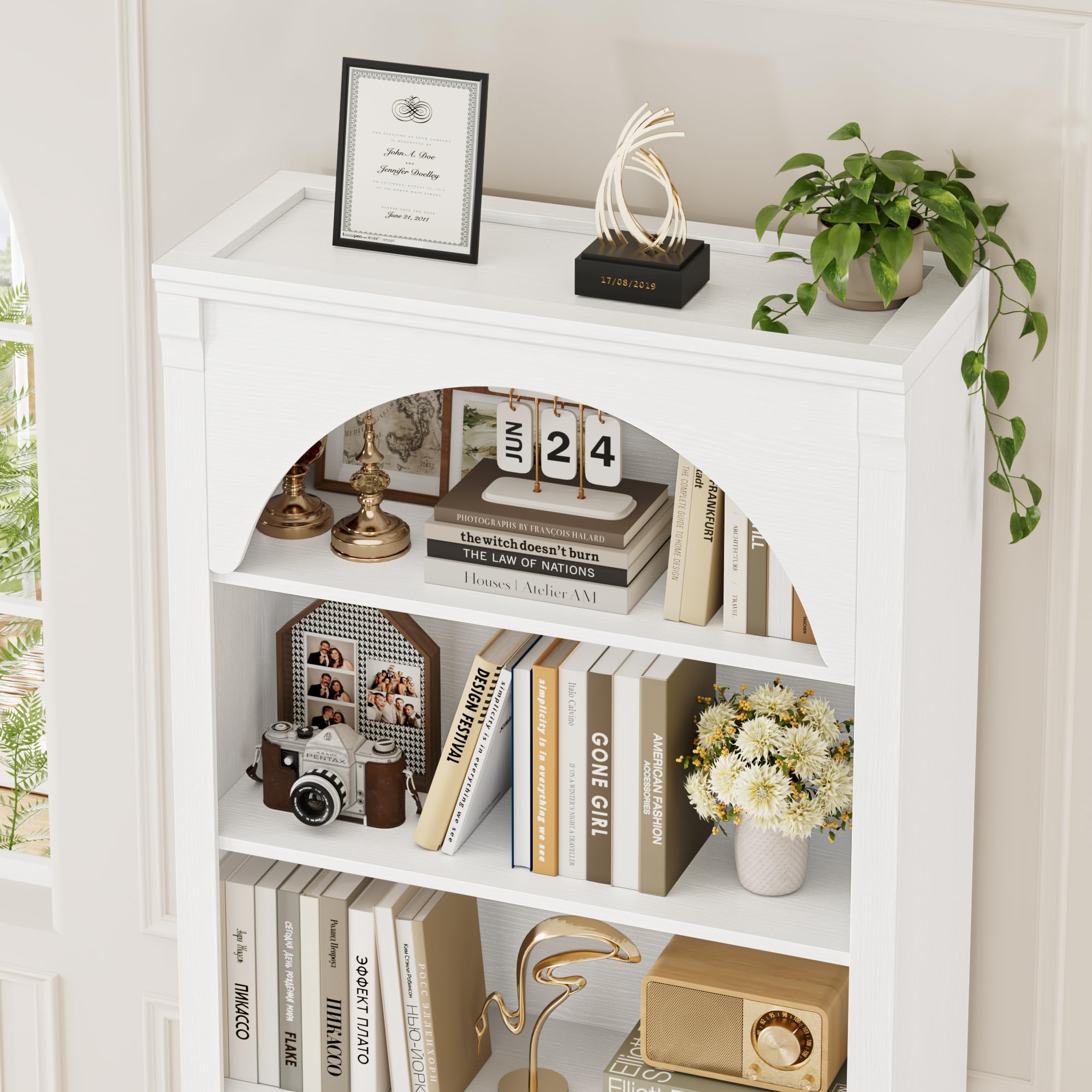 FirFurd Libreria Verticale, Libreria da Arco a 6 Ripiani, Scaffale Portaoggetti con Scomparti e Ripiani Aperti, per Soggiorno, Ufficio, Studio, Camera da letto, 75x27.7x186cm (Bianco)