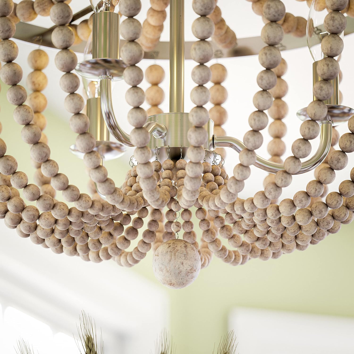 White Beaded 3-Light Wood Chandelier with Brushed Steel Frame