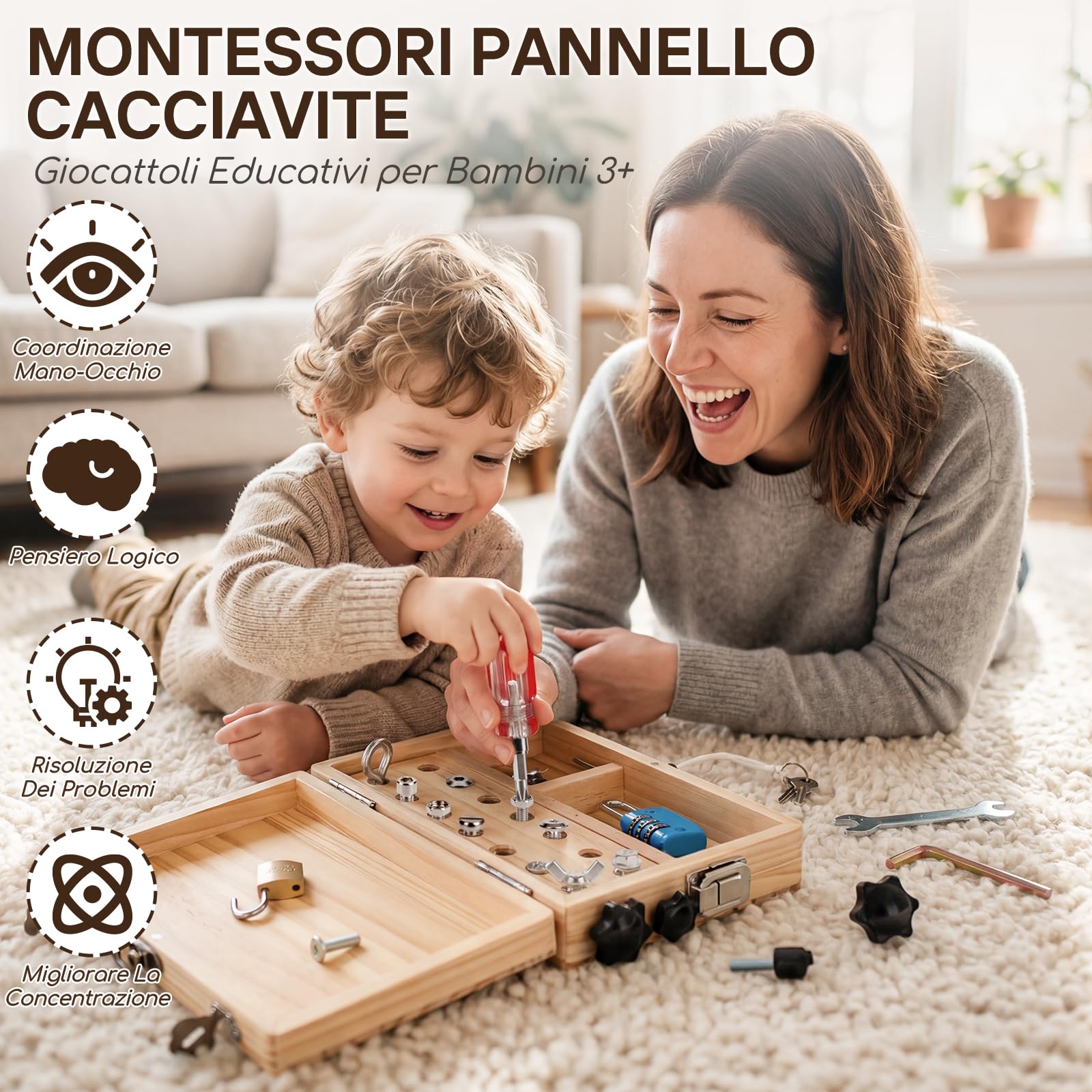 Lehoo Castle Montessori Attrezzi Giochi Bambini Giochi 3 Anni, Cacciavite Giocattoli da Viaggio Busy Board in Legno con Serratura e Chiave Giocattoli Educativi 3 4 5 Anni