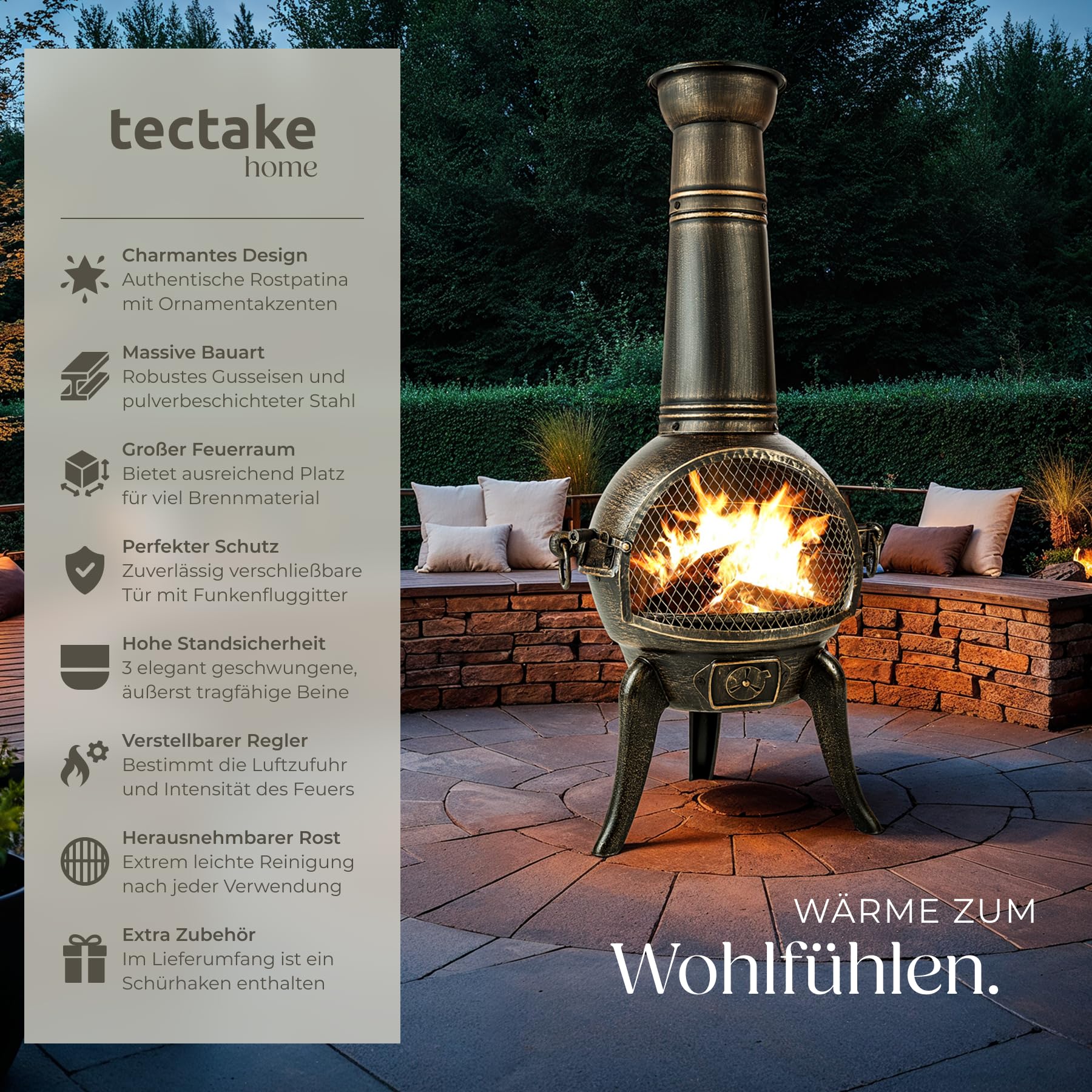 tectake® Vintage Outdoor Terrassenofen, Gartenofen aus Gusseisen, Raketenofen, Aztekenofen mit Funkenschutz, Grill Rost und Schürhaken, Gartendeko Kamin, Deko für Terrassen oder Balkon, Kaminofen