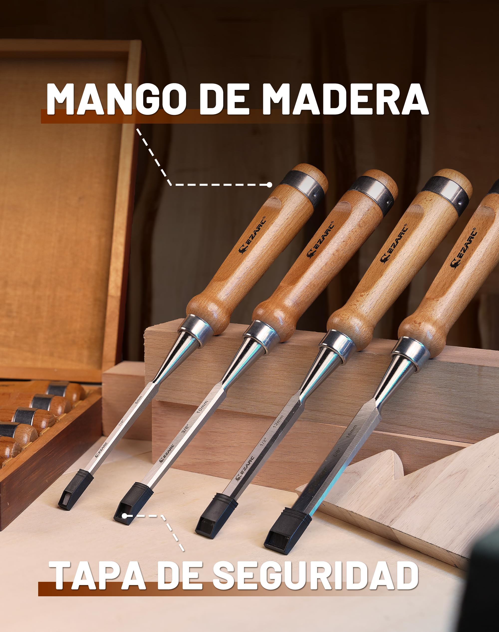 EZARC Juego de 6 Cinceles para Madera, Acero Cromo-Vanadio y Mango de Madera con Estuche de Madera