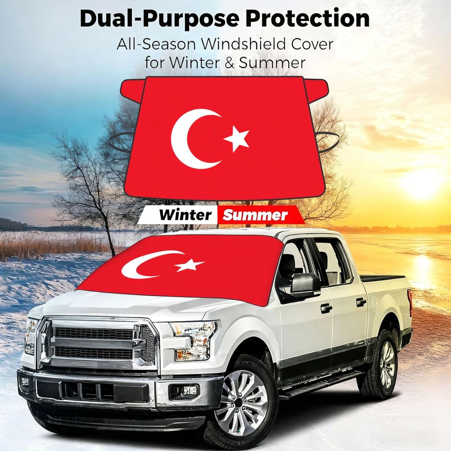 Flag of Turkey Print Car Cover for Snow All-Season Windshield Cover with Elastic Strap Fits Most Cars and Trucks