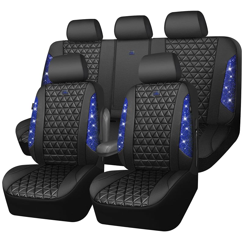 Capa para Banco Automotivo CAR PASS em Couro Sintético PU Preto com Strass Azul, Kit Completo com 5 Peças