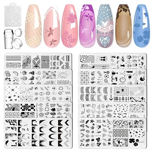 Biutee Nail Art Stamping Plates Set 10PCS French Line Stamp Templates, Nail Stamping Kit with Silicone Nail Stamper for DIY Print Manicure Salon Design Gift In Home