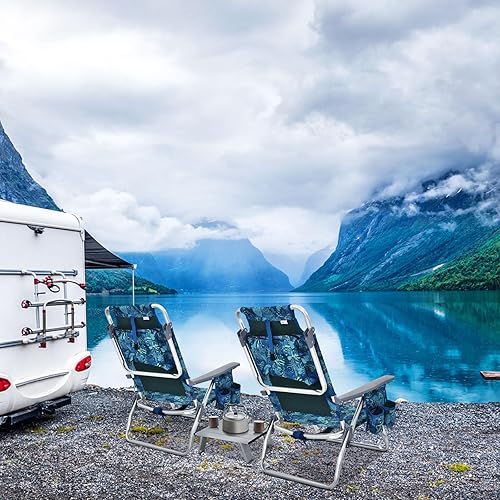 Miniatura 9 de GYMAX Sillas de playa, paquete de 2 sillas de campamento con reposabrazos, bolsa refrigeradora, soporte para tazas, barra de toalla y bolsillos,